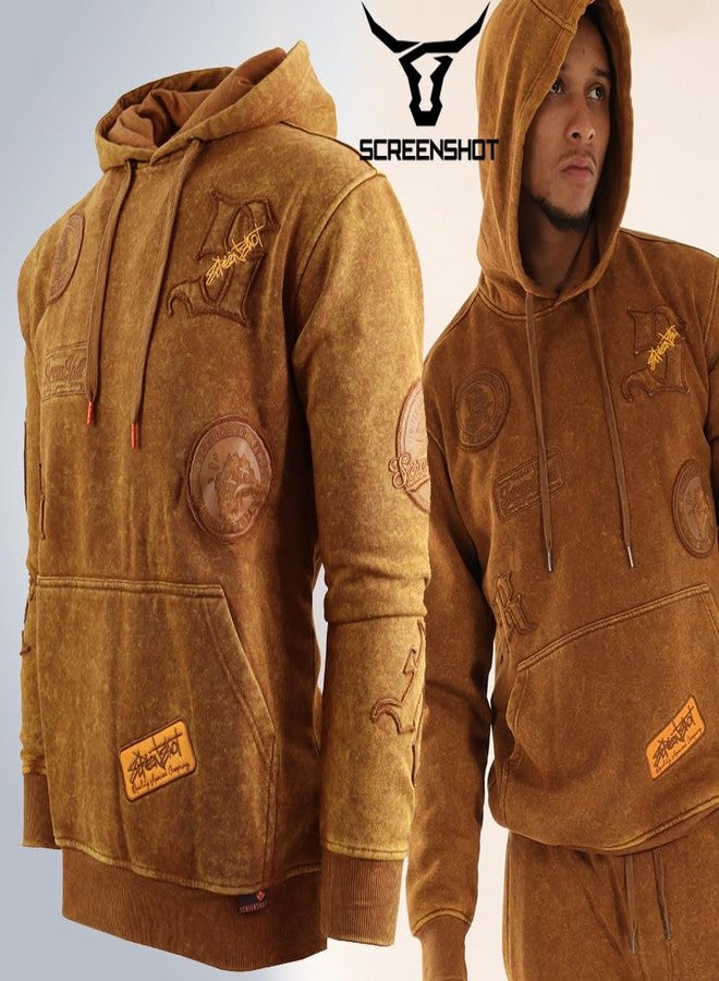 SCREENSHOT-H11456 Mens Upgraded Premium Streetwear Stone Washed Fleece Hoodie - Urban Vintage Embroidery Patch Pullover Sweatshirt-Washed Toffee-Medium - Image 2